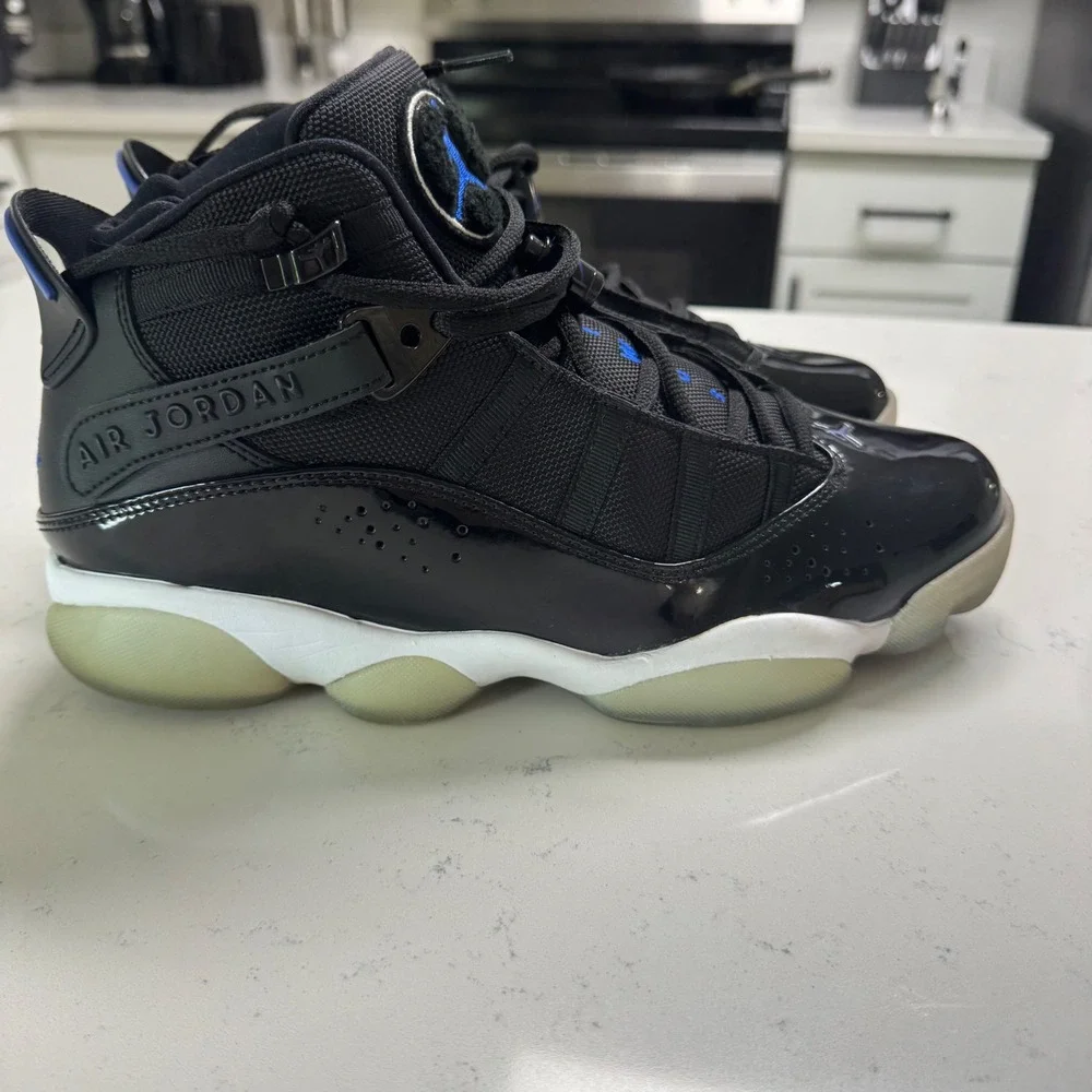 Jordan 6 Rings Mens 9.5 Black Space Jam Blue Patent Leather Sneakers 322992-016